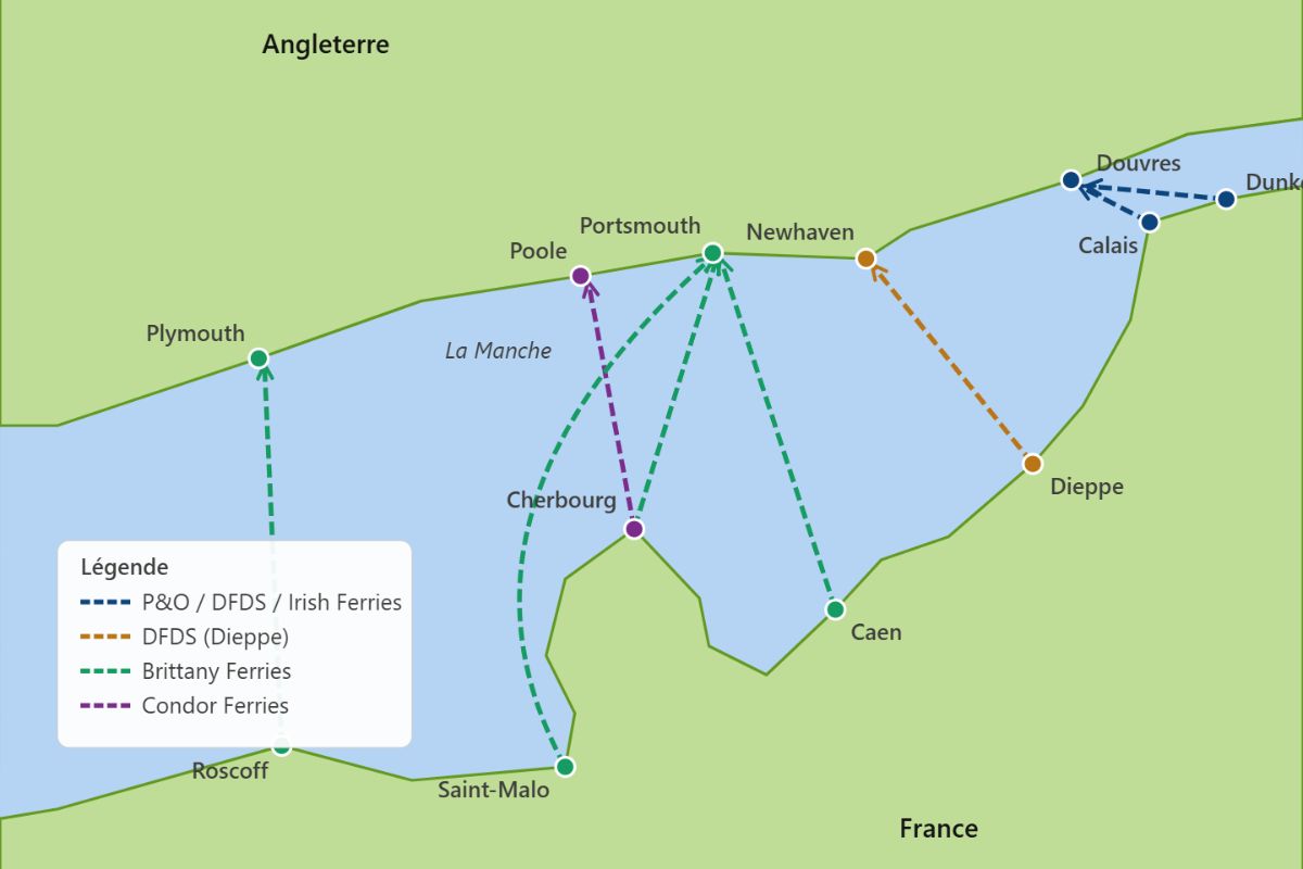 Carte des routes de ferry France Angleterre depuis Calais, Dieppe et Roscoff